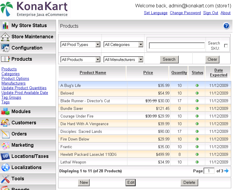 List of products with search panel